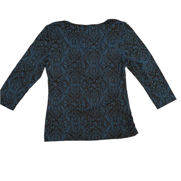 Ann Taylor Scoop Neck Top Size Medium Black Teal Floral Pattern 3/4 Sleeves - Picture 6 of 8